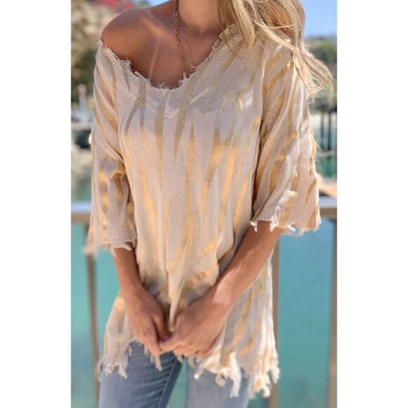 NEW Amoli Zero Effort Zebra Knit Top Chic Frayed Tattered Edges Size M/L - Picture 1 of 7